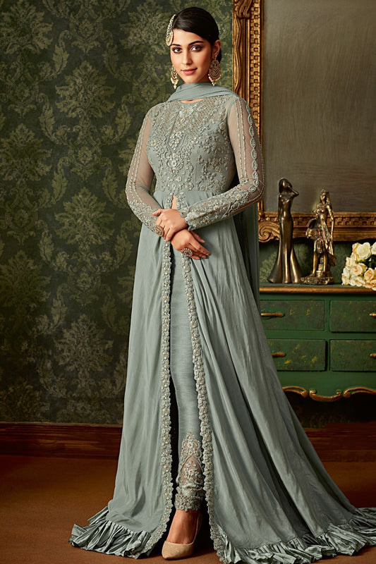 Flint Grey Embroidered Slit Cut Suit