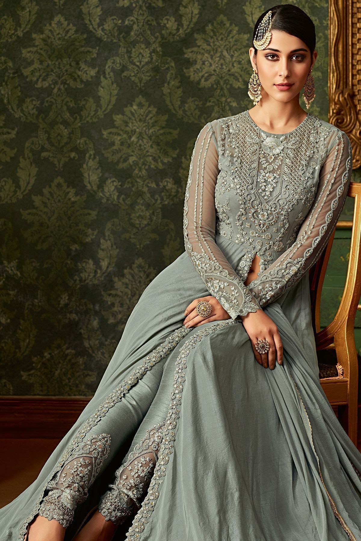 Flint Grey Embroidered Slit Cut Suit