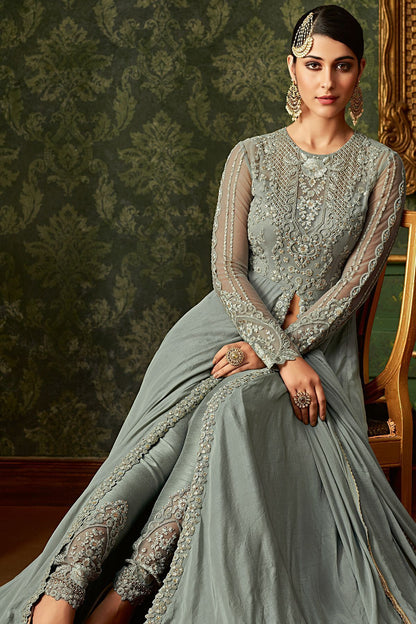 Flint Grey Embroidered Slit Cut Suit