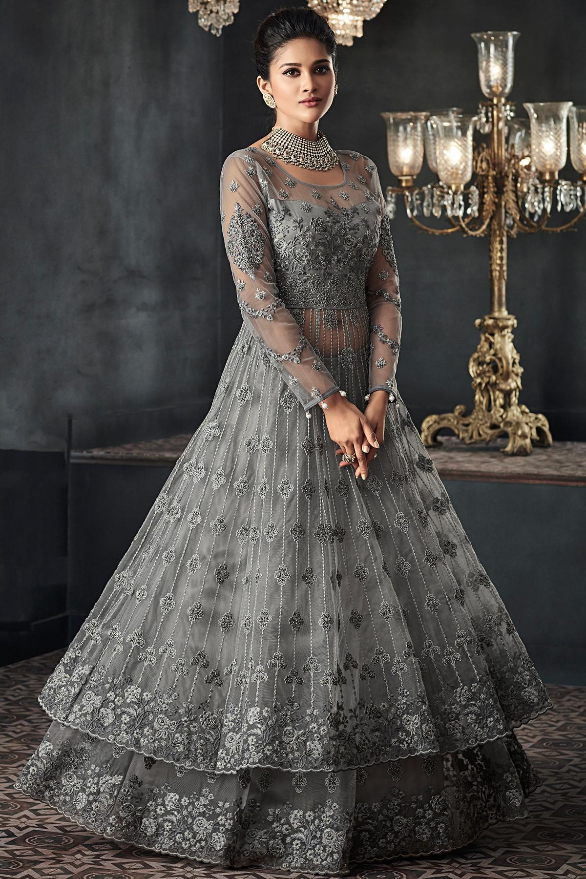Flint Grey Net Party Wear Anarkali Suit