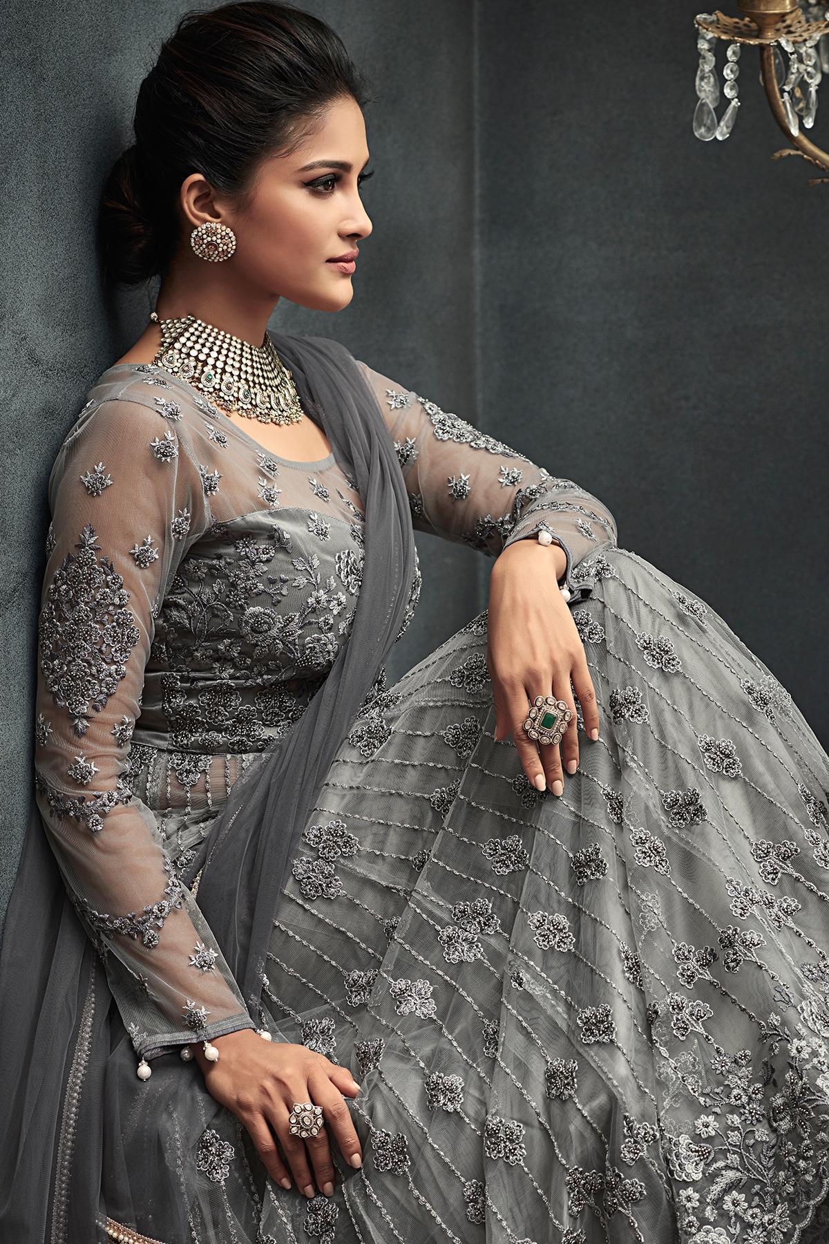 Flint Grey Net Party Wear Anarkali Suit