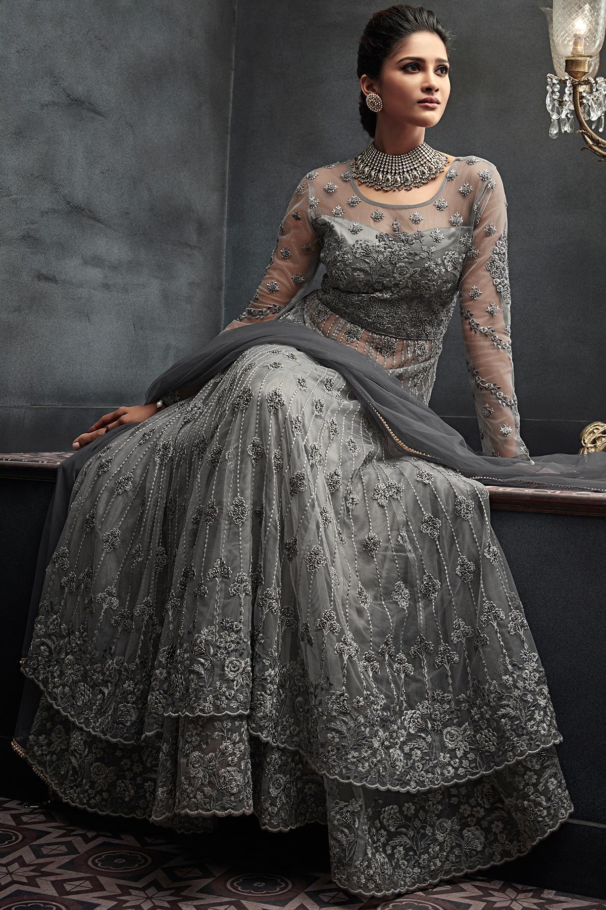 Flint Grey Net Party Wear Anarkali Suit