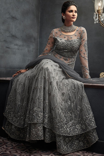 Flint Grey Net Party Wear Anarkali Suit