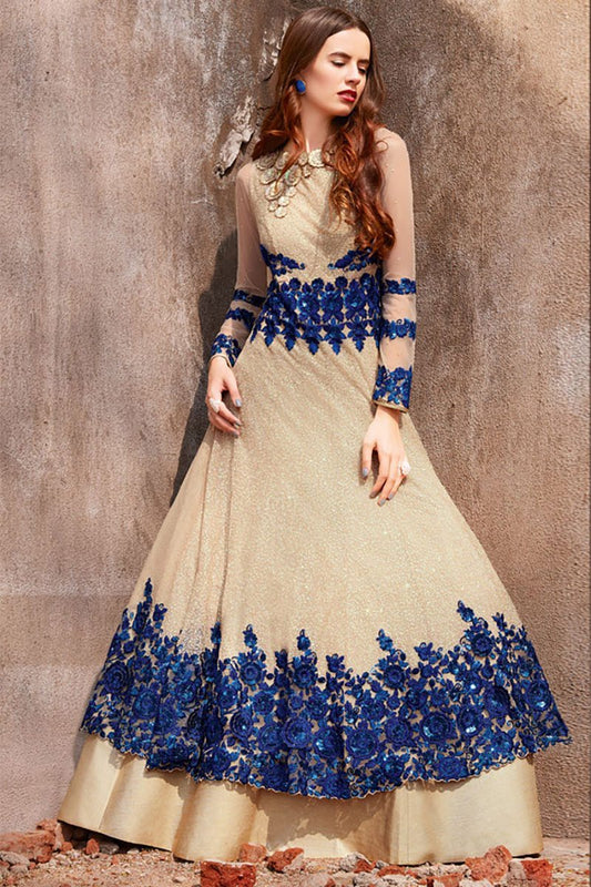 Cream and Blue Party Wear Anarkali Suit