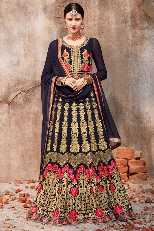 Charming Navy Blue Party Wear Anarkali Style Suit