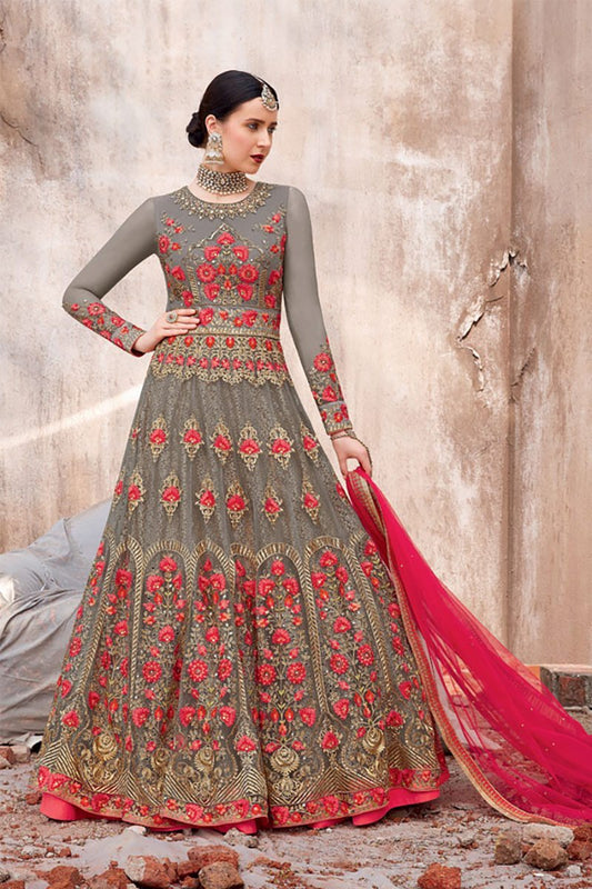 Flint-Grey Georgette Party Wear Anarkali suit