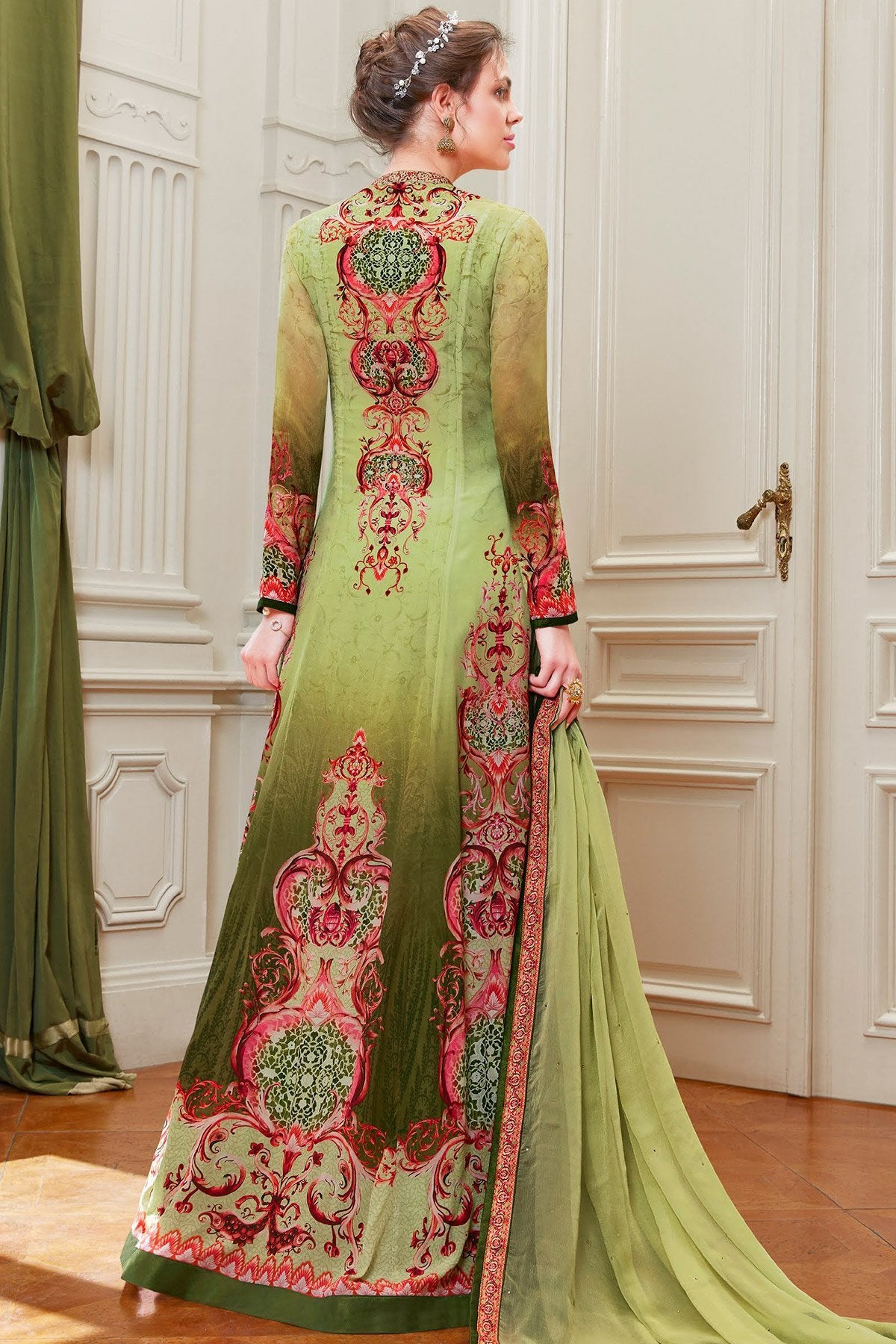 Green Viscose Crepe Partywear Anarkali Suit
