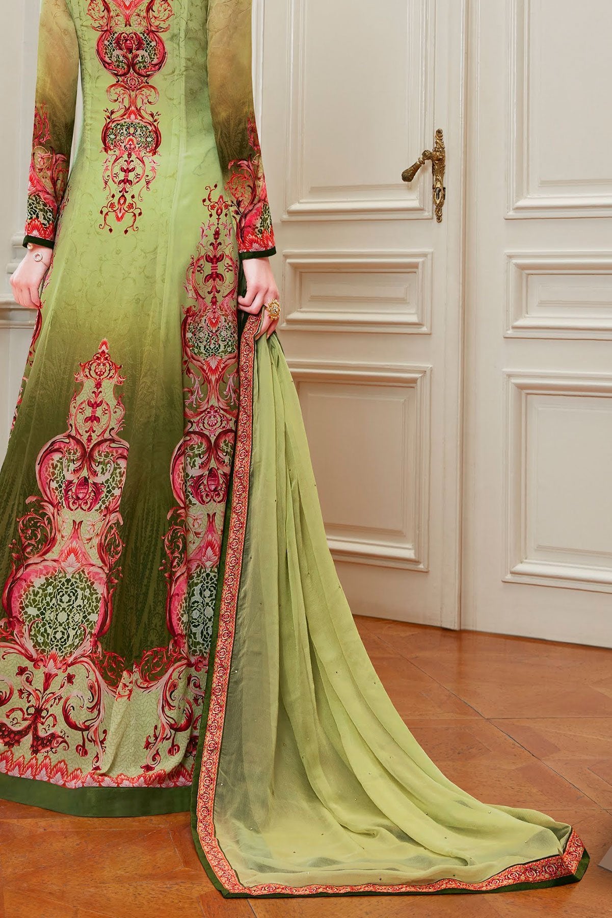 Green Viscose Crepe Partywear Anarkali Suit