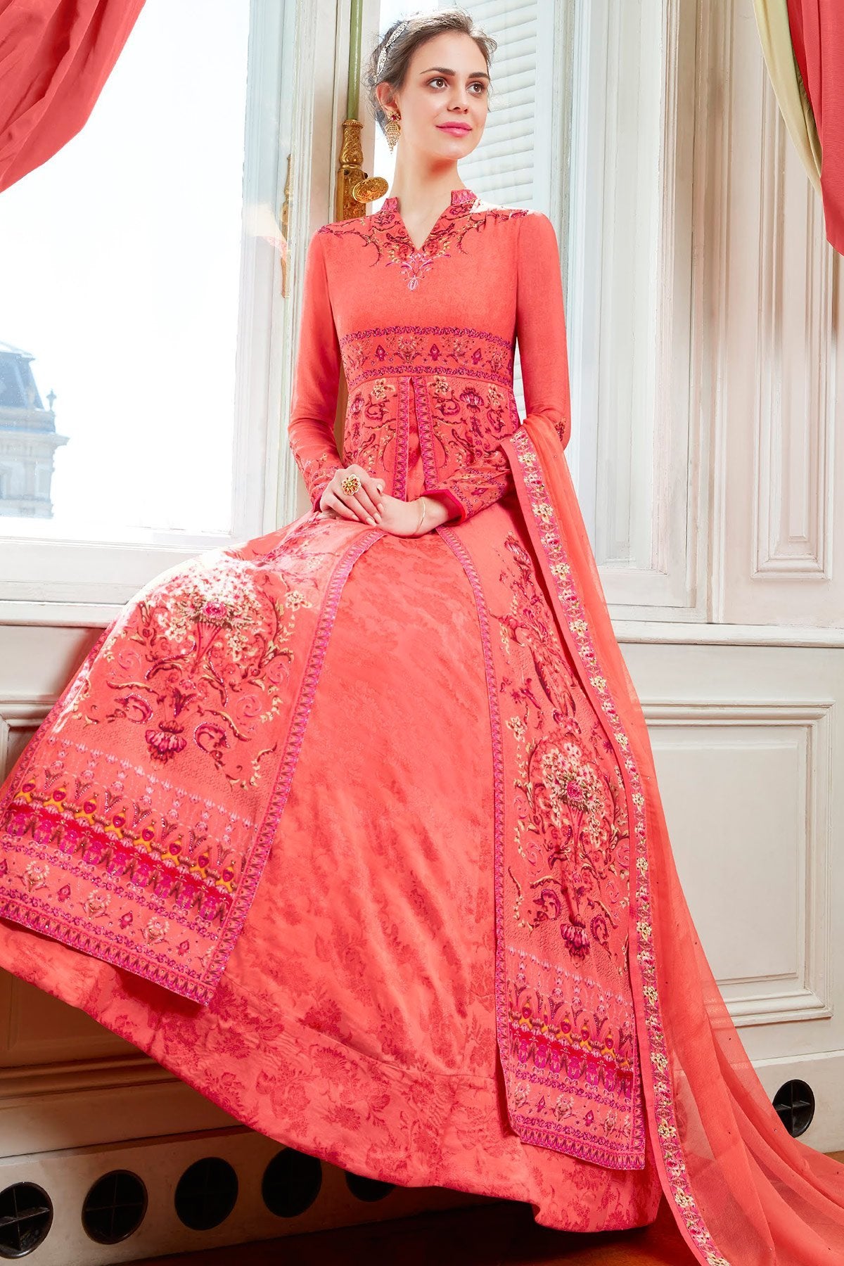 Pink Viscose Crepe Partywear Anarkali Suit