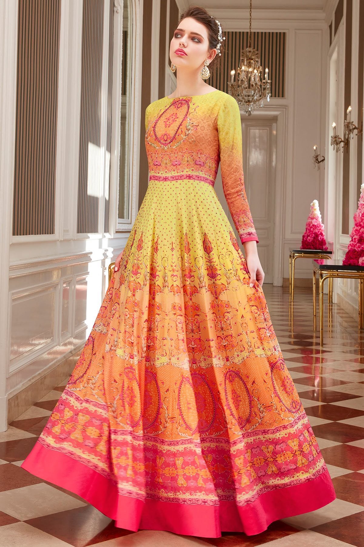 Yellow Viscose Crepe Partywear Anarkali Suit