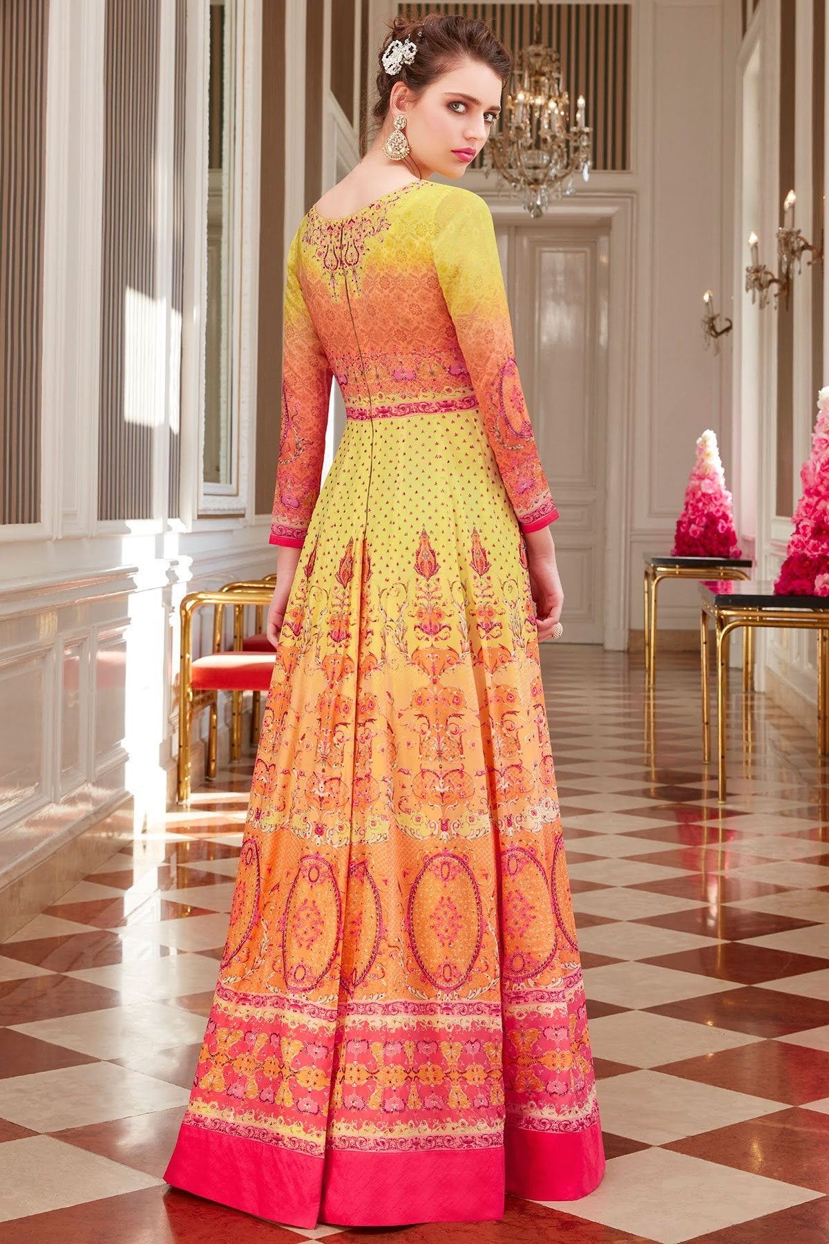 Yellow Viscose Crepe Partywear Anarkali Suit