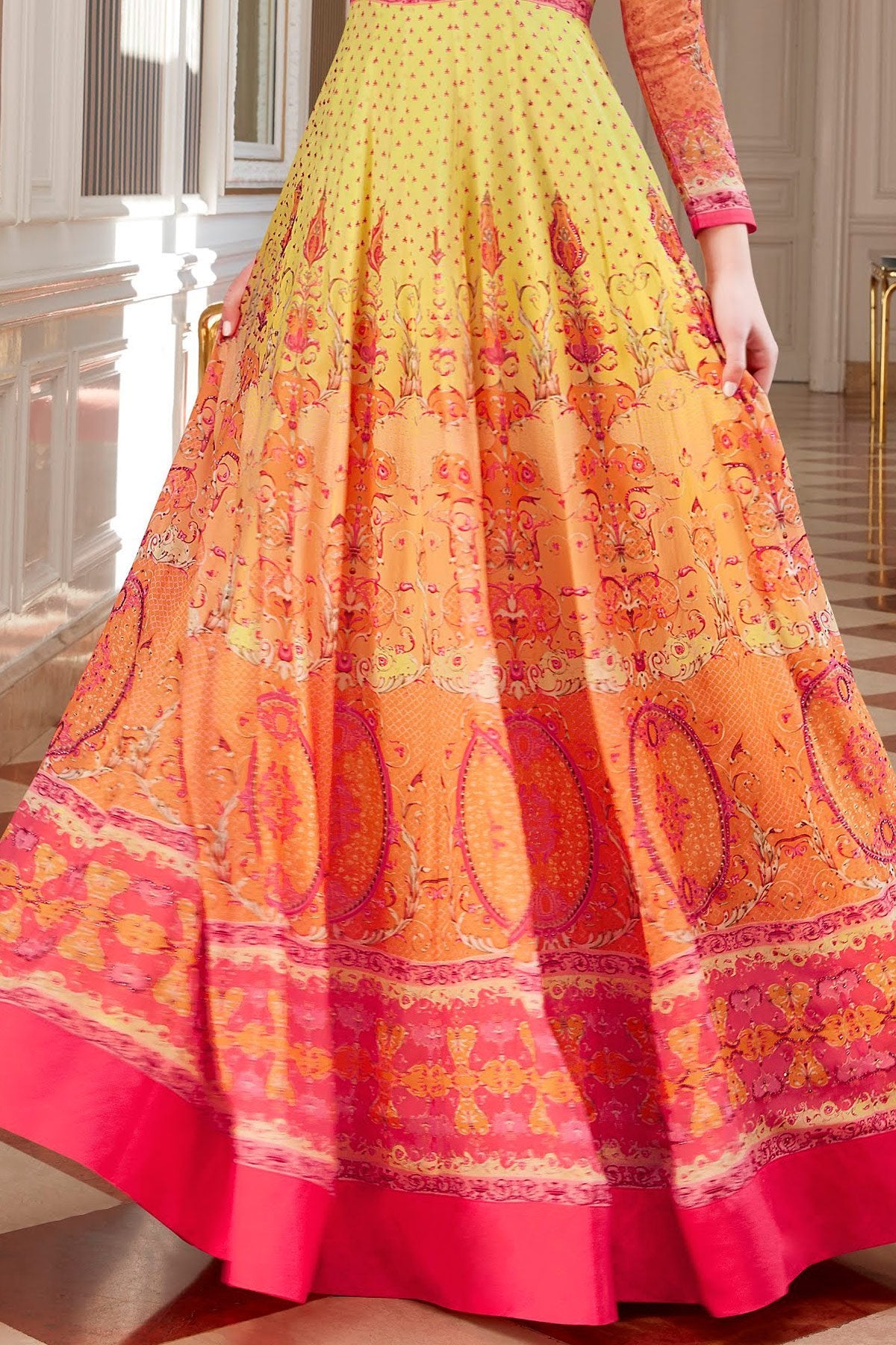 Yellow Viscose Crepe Partywear Anarkali Suit