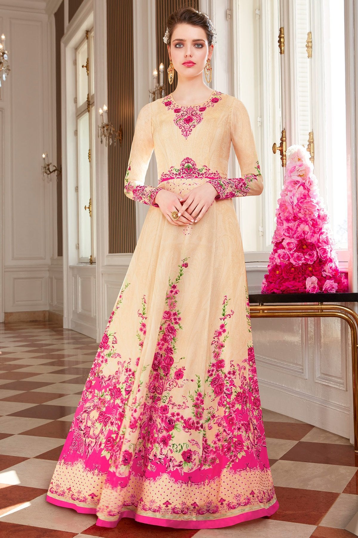 Cream Viscose Crepe Partywear Anarkali Suit