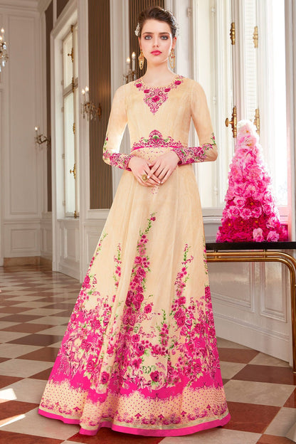 Cream Viscose Crepe Partywear Anarkali Suit