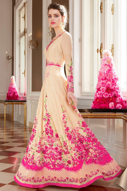 Cream Viscose Crepe Partywear Anarkali Suit