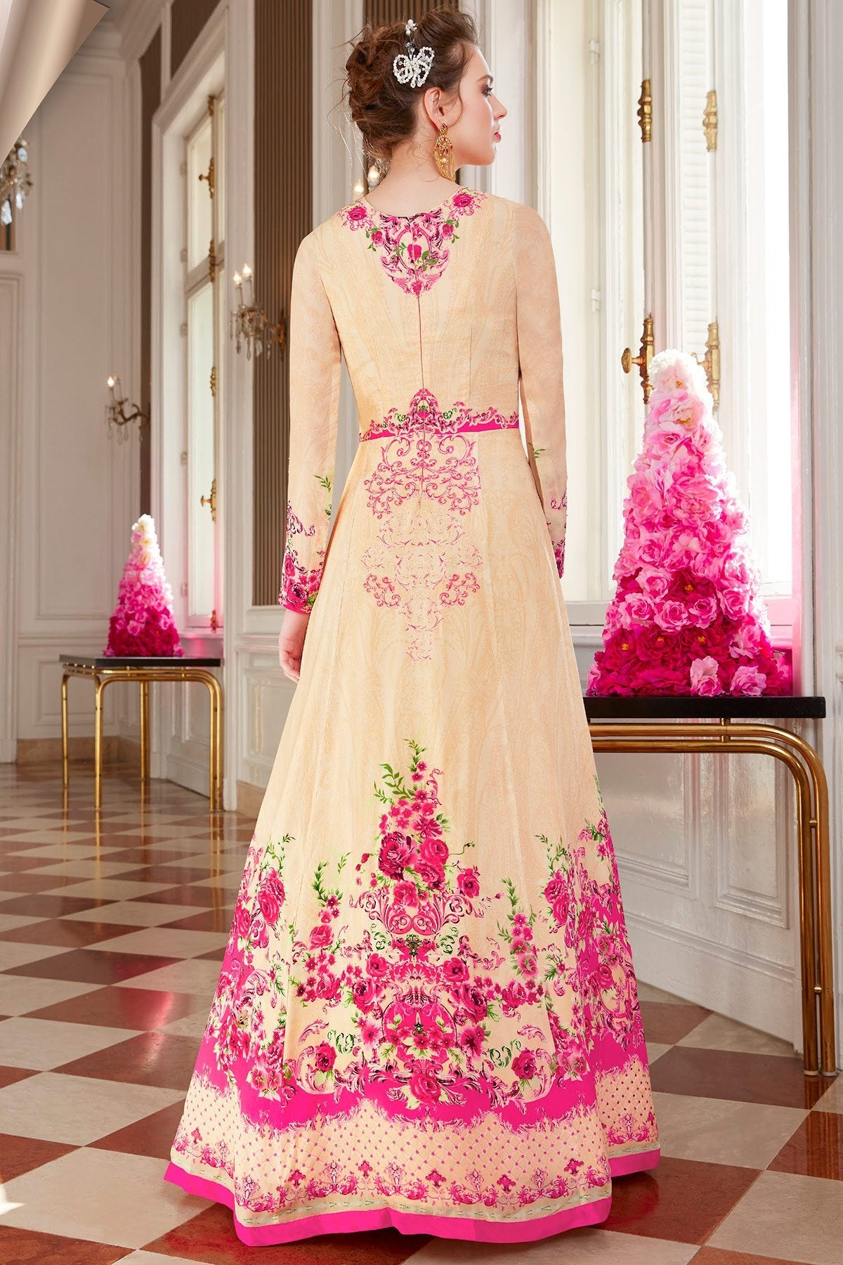 Cream Viscose Crepe Partywear Anarkali Suit