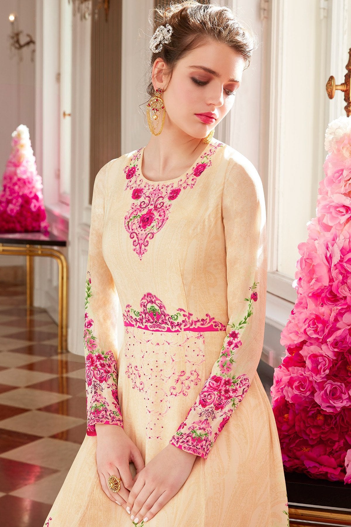 Cream Viscose Crepe Partywear Anarkali Suit