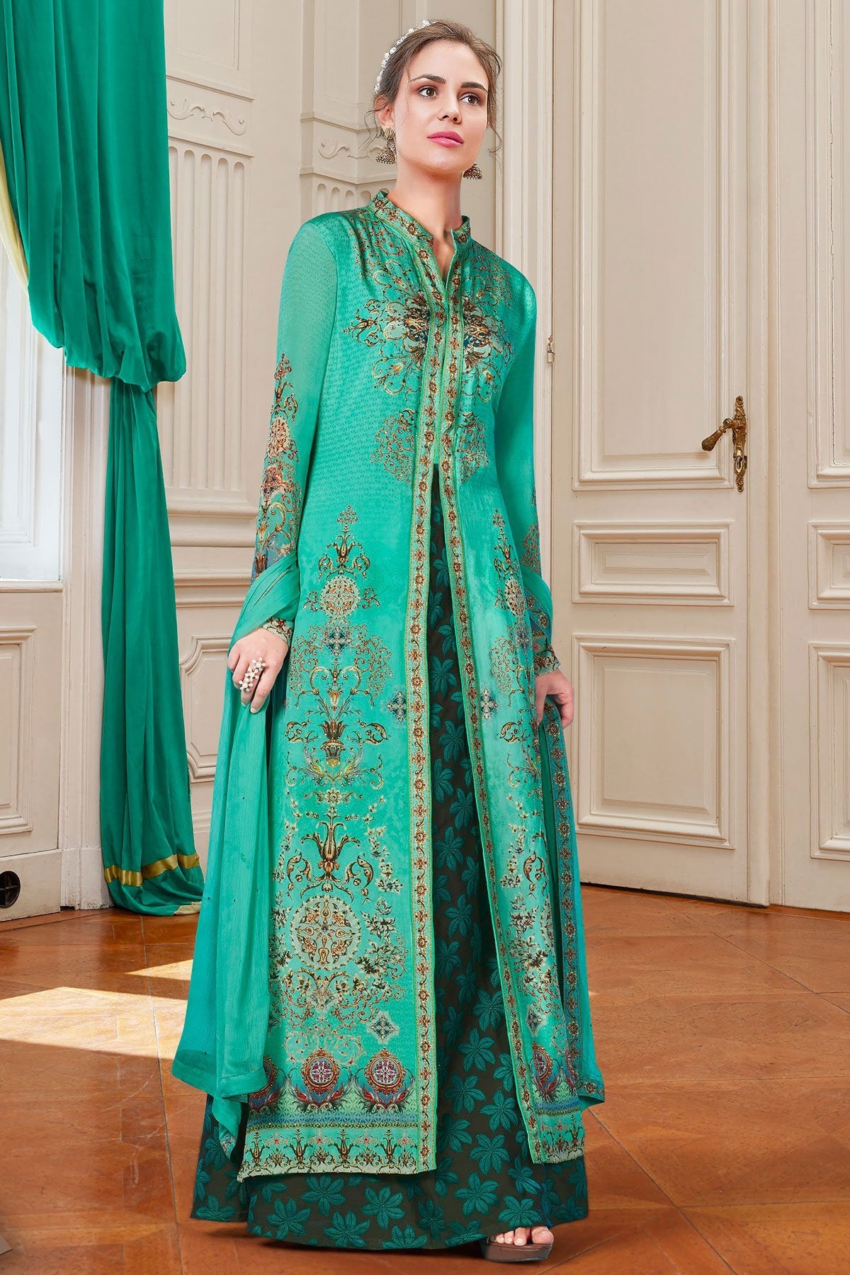 Sea Green Viscose Crepe Partywear Anarkali Suit