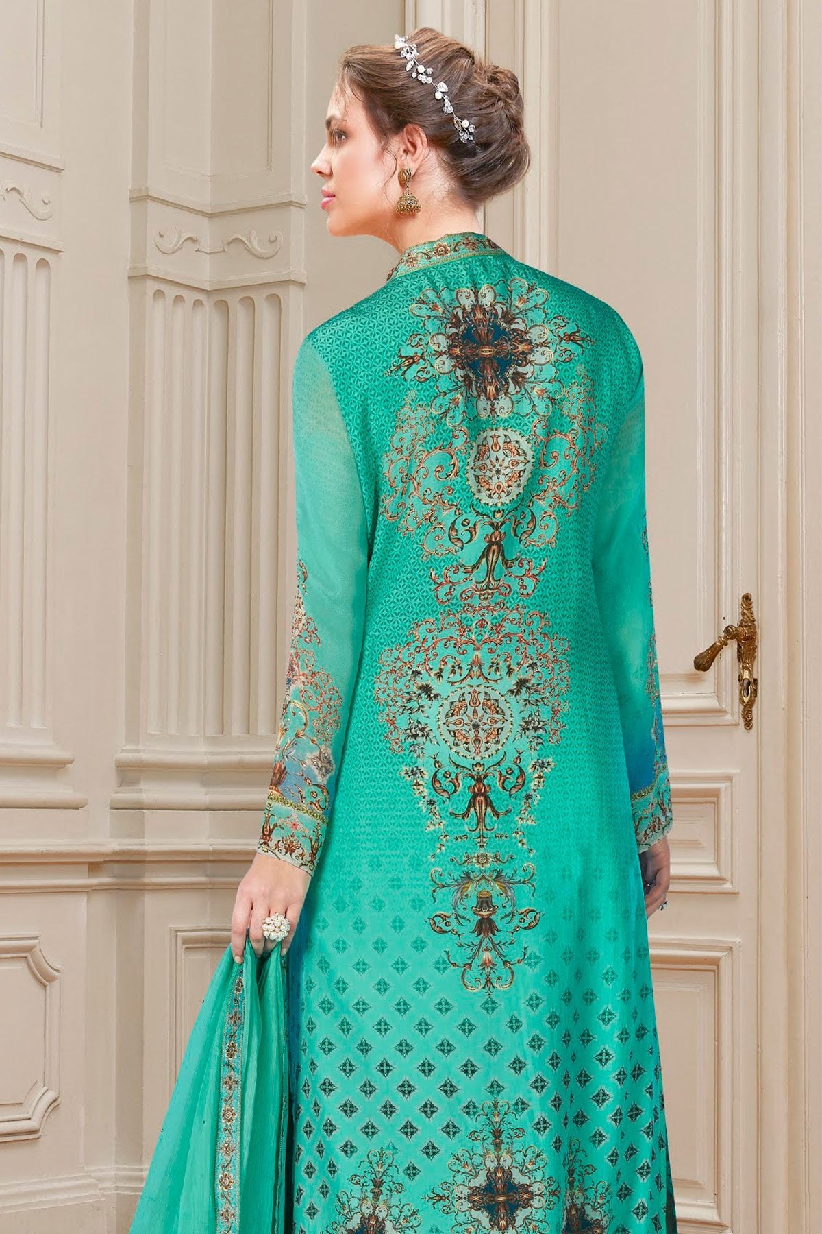 Sea Green Viscose Crepe Partywear Anarkali Suit