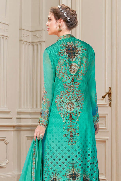 Sea Green Viscose Crepe Partywear Anarkali Suit