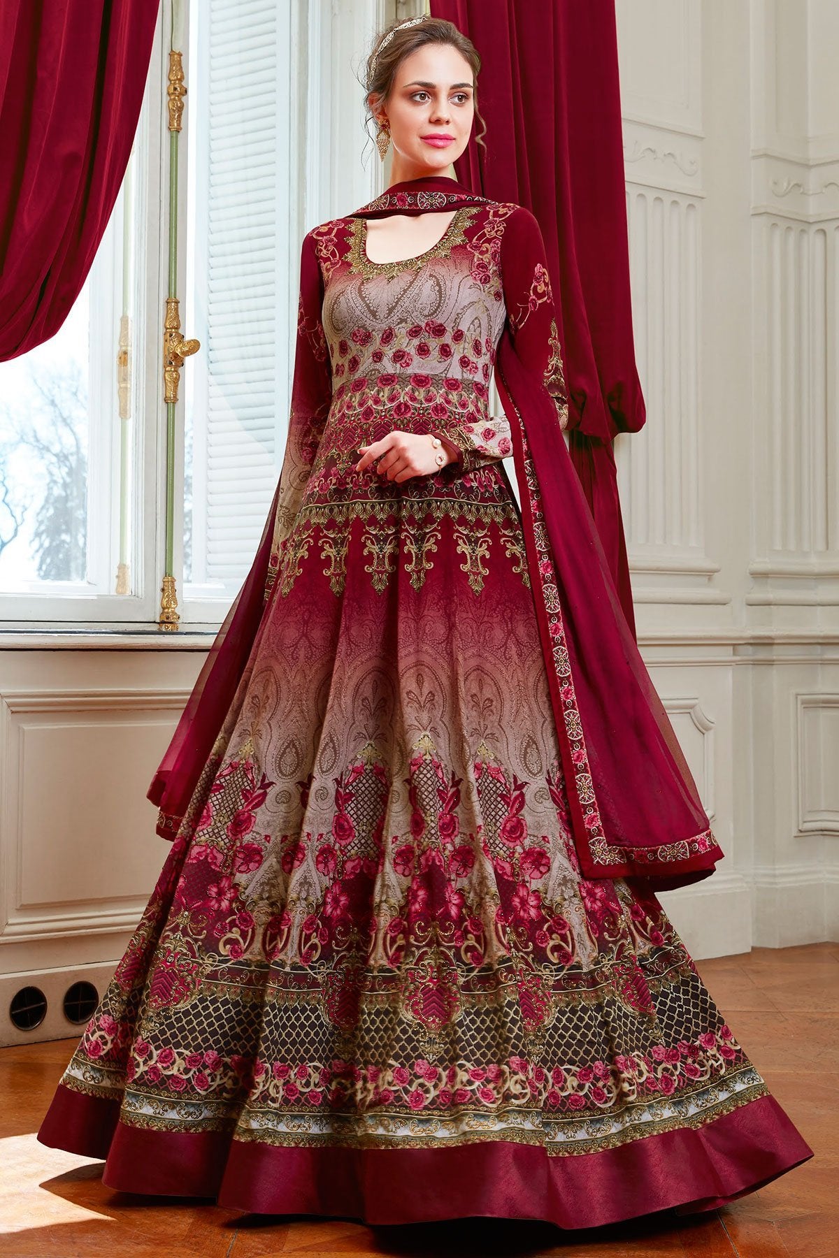 Maroon Viscose Crepe Partywear Anarkali Suit
