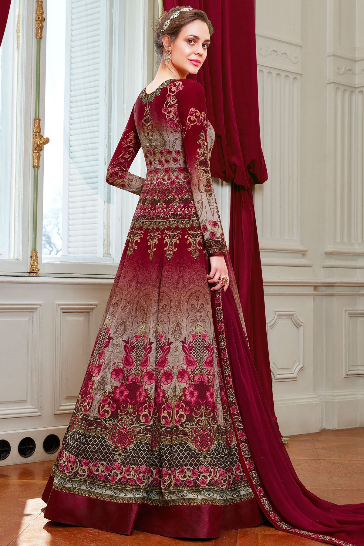 Maroon Viscose Crepe Partywear Anarkali Suit