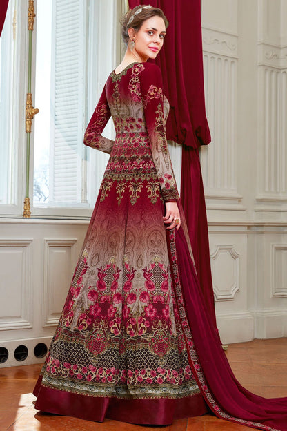 Maroon Viscose Crepe Partywear Anarkali Suit