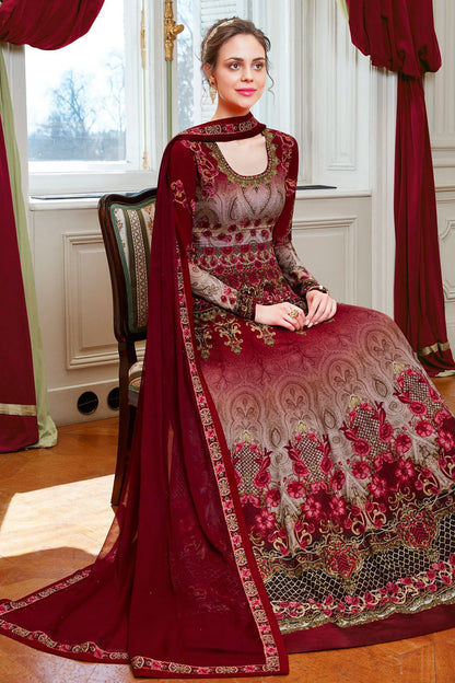 Maroon Viscose Crepe Partywear Anarkali Suit
