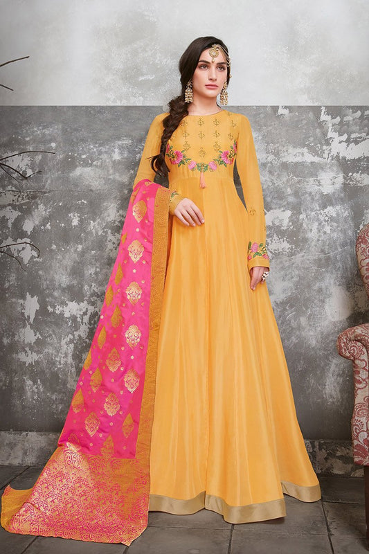Lavishing Yellow Upada Silk Party Wear Anarkali Suit