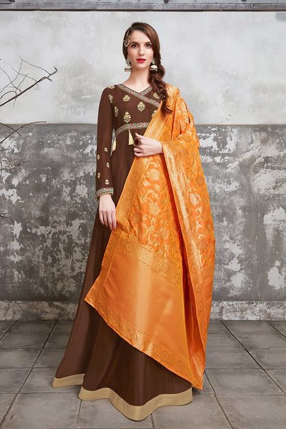 Lovely Brown Upada Silk Party Wear Anarkali Suit