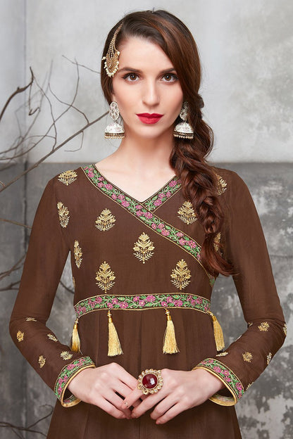 Lovely Brown Upada Silk Party Wear Anarkali Suit