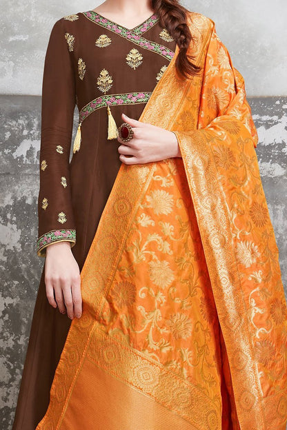 Lovely Brown Upada Silk Party Wear Anarkali Suit