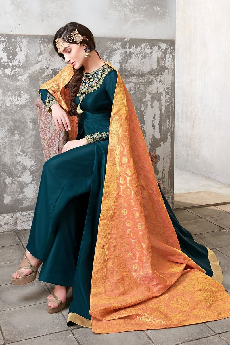 Charming Teal Upada Silk Party Wear Anarkali Suit