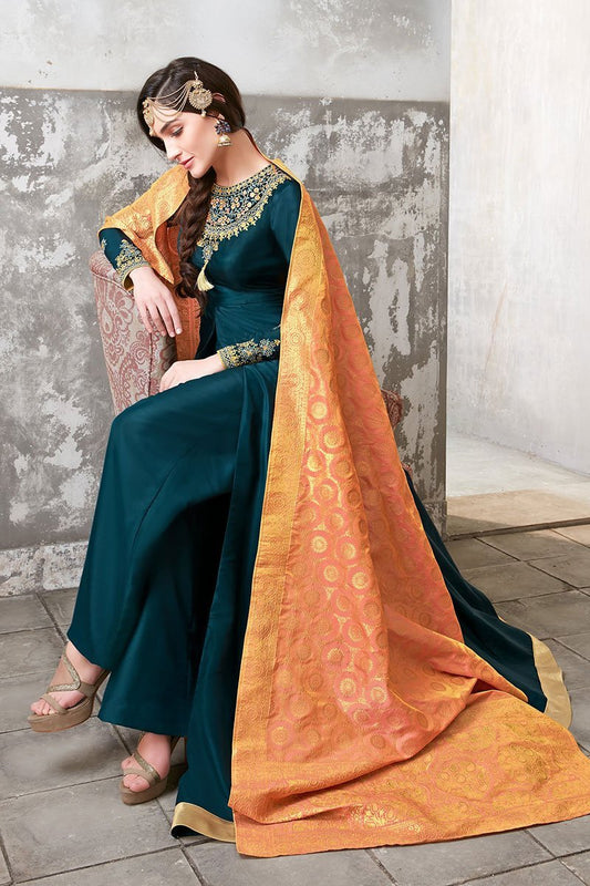 Charming Teal Upada Silk Party Wear Anarkali Suit