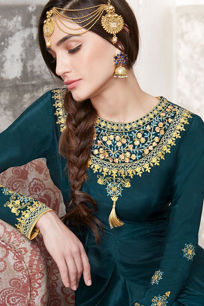 Charming Teal Upada Silk Party Wear Anarkali Suit