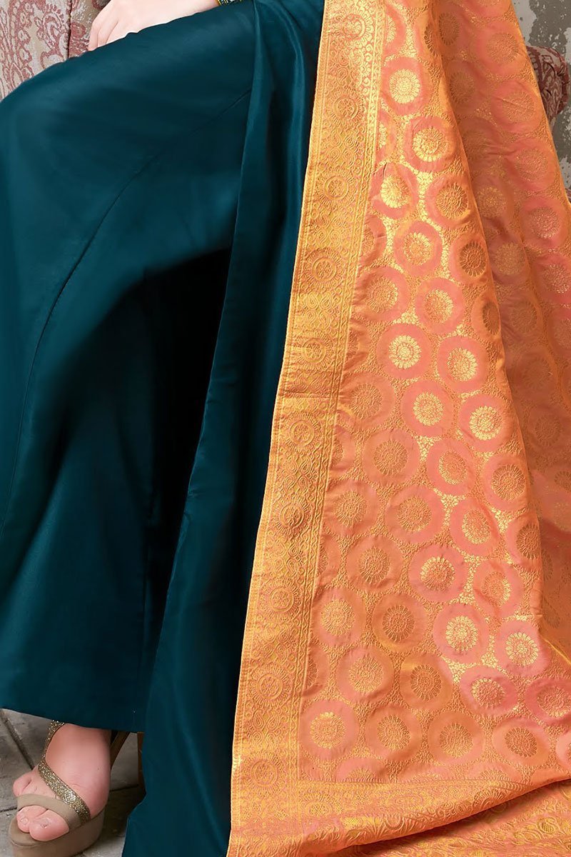 Charming Teal Upada Silk Party Wear Anarkali Suit