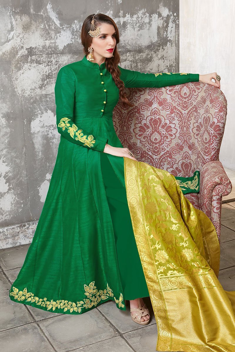 Attractive Dark Green Upada Silk Party Wear Anarkali Suit