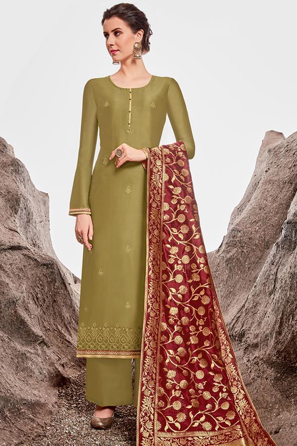 Olive Green Chanderi Suit With Palazzo