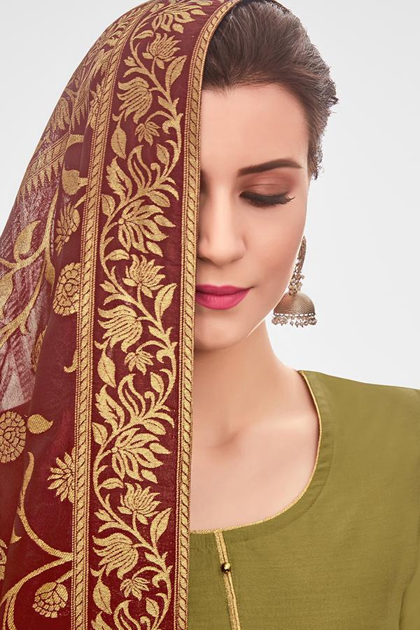 Olive Green Chanderi Suit With Palazzo