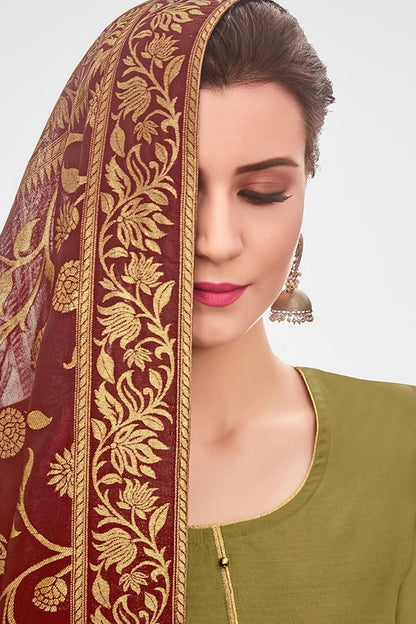Olive Green Chanderi Suit With Palazzo