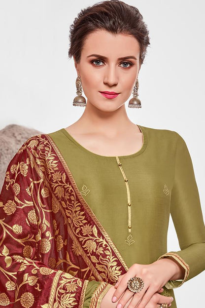 Olive Green Chanderi Suit With Palazzo