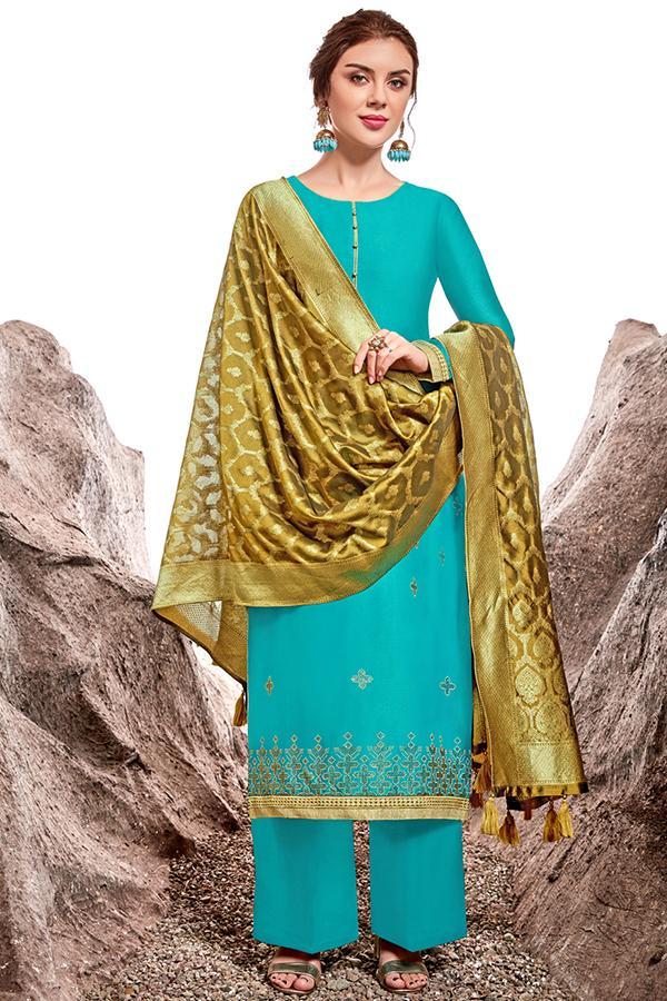 Azure Blue Chanderi Suit With Palazzo