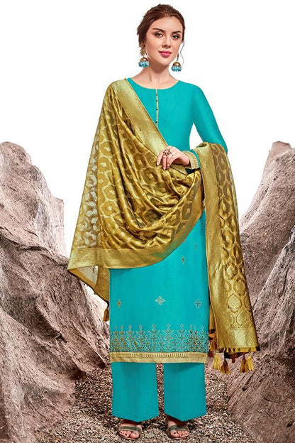 Azure Blue Chanderi Suit With Palazzo
