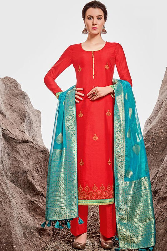 Candy Red Chanderi Suit With Palazzo