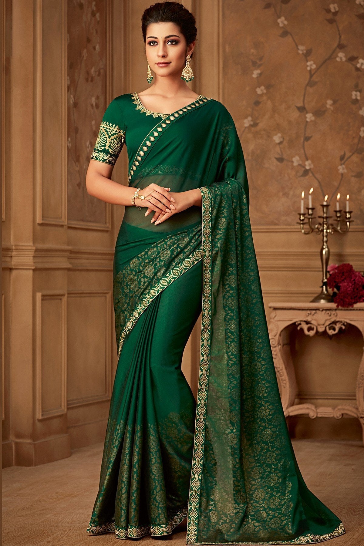 Forest Green Designer Party Wear Silk Sari
