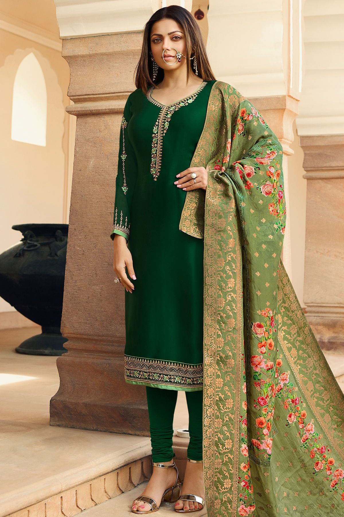 Forest Green Georgette Casual Straight Suit