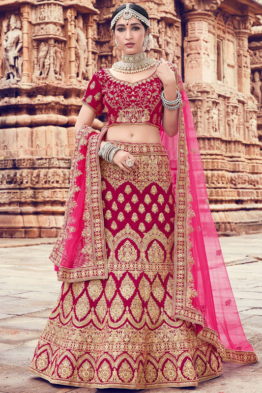 Fuchsia Pink Velvet Bridal Lehenga Choli