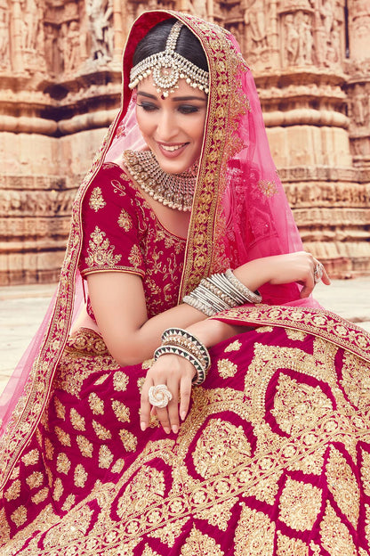 Fuchsia Pink Velvet Bridal Lehenga Choli