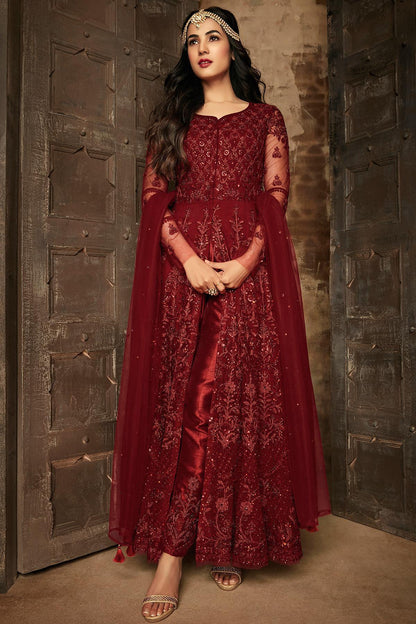 Garnet Red Embroidered Designer Anarkali Suit