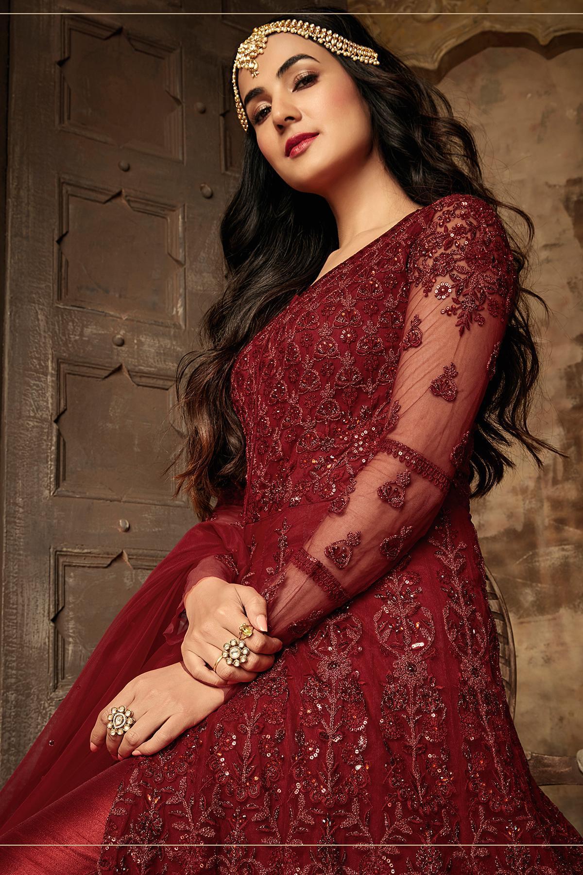 Garnet Red Embroidered Designer Anarkali Suit